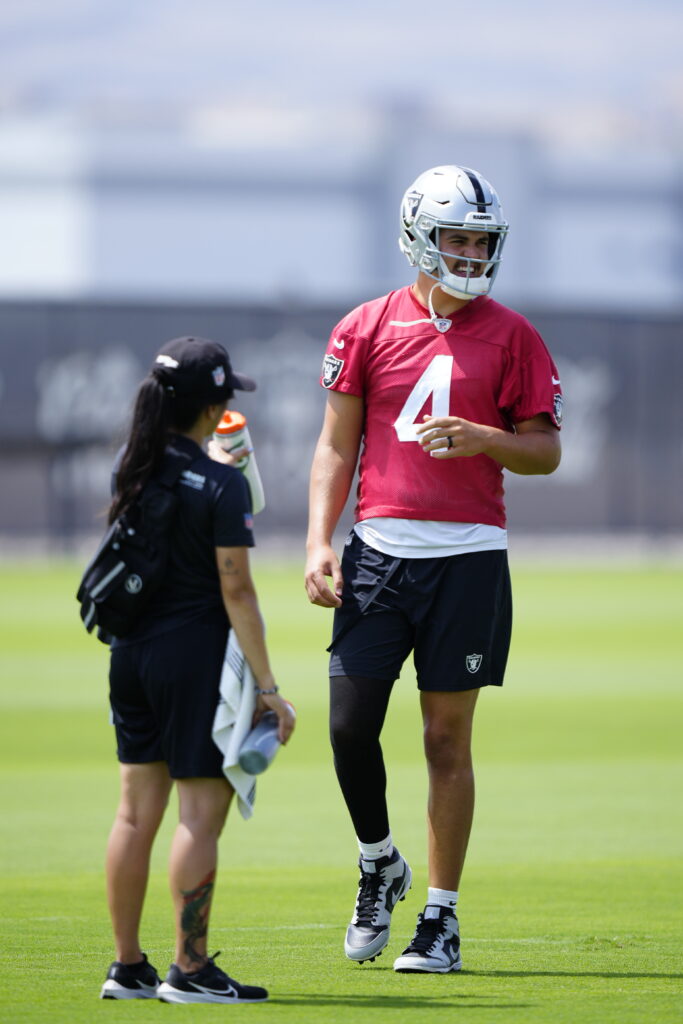 View photos from Day 11 of Las Vegas Raiders Training Camp on Wednesday, August 9, 2023, featuring Jimmy Garoppolo, Davante Adams, Maxx Crosby, Aidan O’Connell and more.