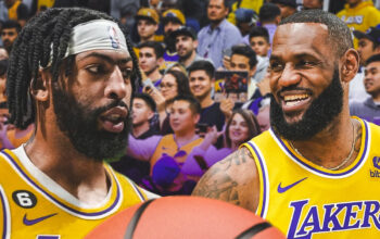 Los Angeles Lakers players Anthony Davis (left) and Lebron James (right) in a featured image for an article by sports media outlet Vegas Sports Today.