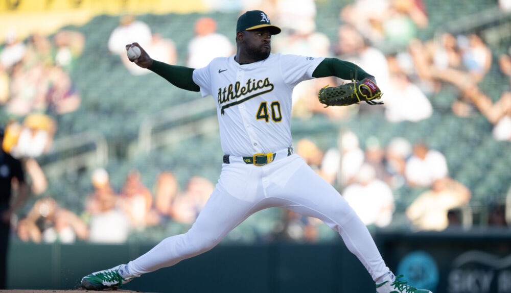 Athletics starter Luis Severino throws a pitch