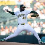 Athletics starter Luis Severino throws a pitch