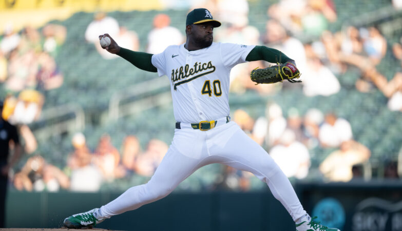 Athletics starter Luis Severino throws a pitch
