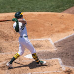 Athletics 1B/OF Tyler Soderstrom swings the bat in June 2025