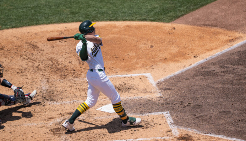 Athletics 1B/OF Tyler Soderstrom swings the bat in June 2025