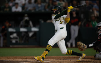 Athletics shortstop Jacob Wilson takes a swing