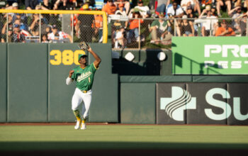 Athletics CF makes a catch at Sutter Health Park.