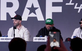 Arman Tsarukyan and Dillon Danis alongside RAF co-founders Chad Bronstein and Israel “Izzy” Martinez at the RAF14 press conference in Las Vegas.